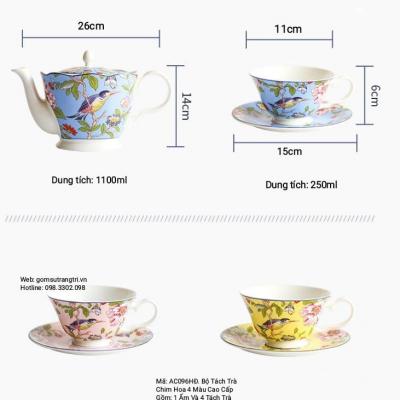 BỘ TÁCH TRÀ CHIM HOA 4 MÀU CAO CẤP